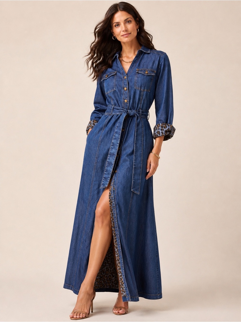 Chicos Denim Maxi Dress with Inner Leopard Print, Includes Belt - Size 1 (Med 8)
